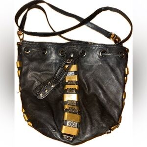 Temperley London Black Leather Shoulder Bag with Gold Details